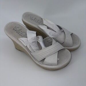 Volatile Womens Size 8 Off White Espadrille Wedge Sandals Fabric‎ Ankle Tie Wrap